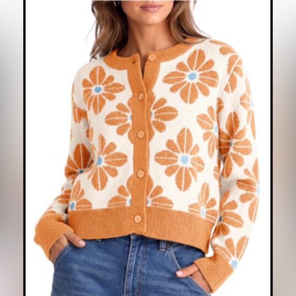 Women's Floral Cardigan Sweaters Fall Button Up Chunky Knit Long Sleeve Casual